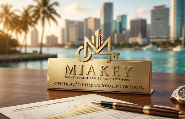 Placa institucional da Miakey sobre secretária executiva com skyline de Miami ao fundo
