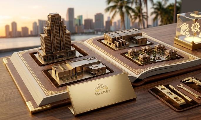 Maquete arquitetónica em livro aberto com a marca Miakey, representando gestão de portfólio imobiliário